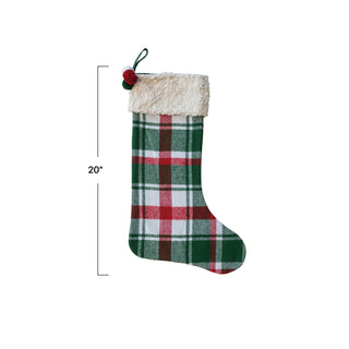 Brushed Cotton Flannel Stocking w/ Sherpa Cuff & Pom Poms, Red, Green & White Plaid