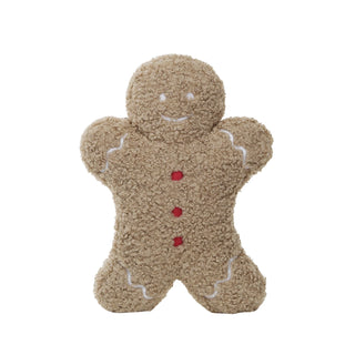 Fabric Bouclé Gingerbread Man Shaped Pillow, Brown, Red & White