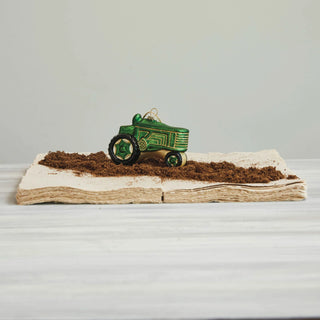 Hand-Painted Glass Tractor Ornament w/ Glitter, Green