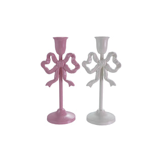 Cast Iron Bow Taper Holder, (White and Pink)