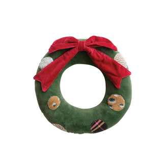 Cotton Velvet Wreath Shaped Pillow with Patchwork Ornaments & Bow
