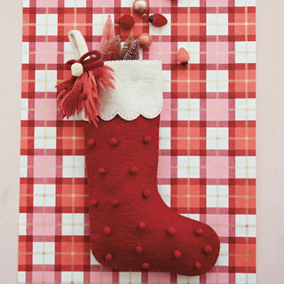Handmade Wool Felt Stocking with Scalloped Cuff, Pom Pom, Bow & Leaves