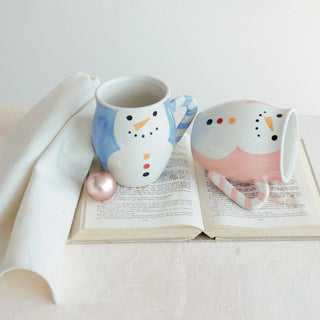 Hand-Painted Stoneware Mug with Snowman & Candy Cane Handle, 2 Colors